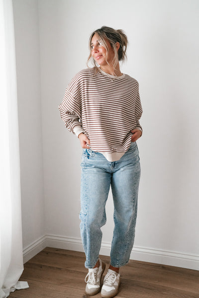 Monday Morning Waffle Knit Striped Long Sleeve Top - Coffee