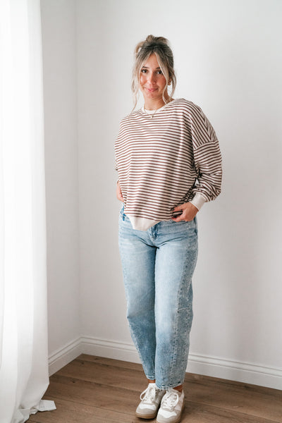 Monday Morning Waffle Knit Striped Long Sleeve Top - Coffee