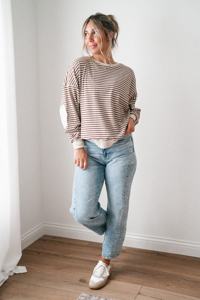 Monday Morning Waffle Knit Striped Long Sleeve Top - Coffee