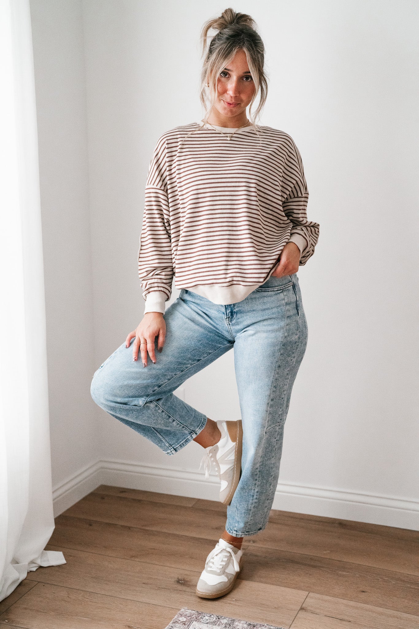 Monday Morning Waffle Knit Striped Long Sleeve Top - Coffee