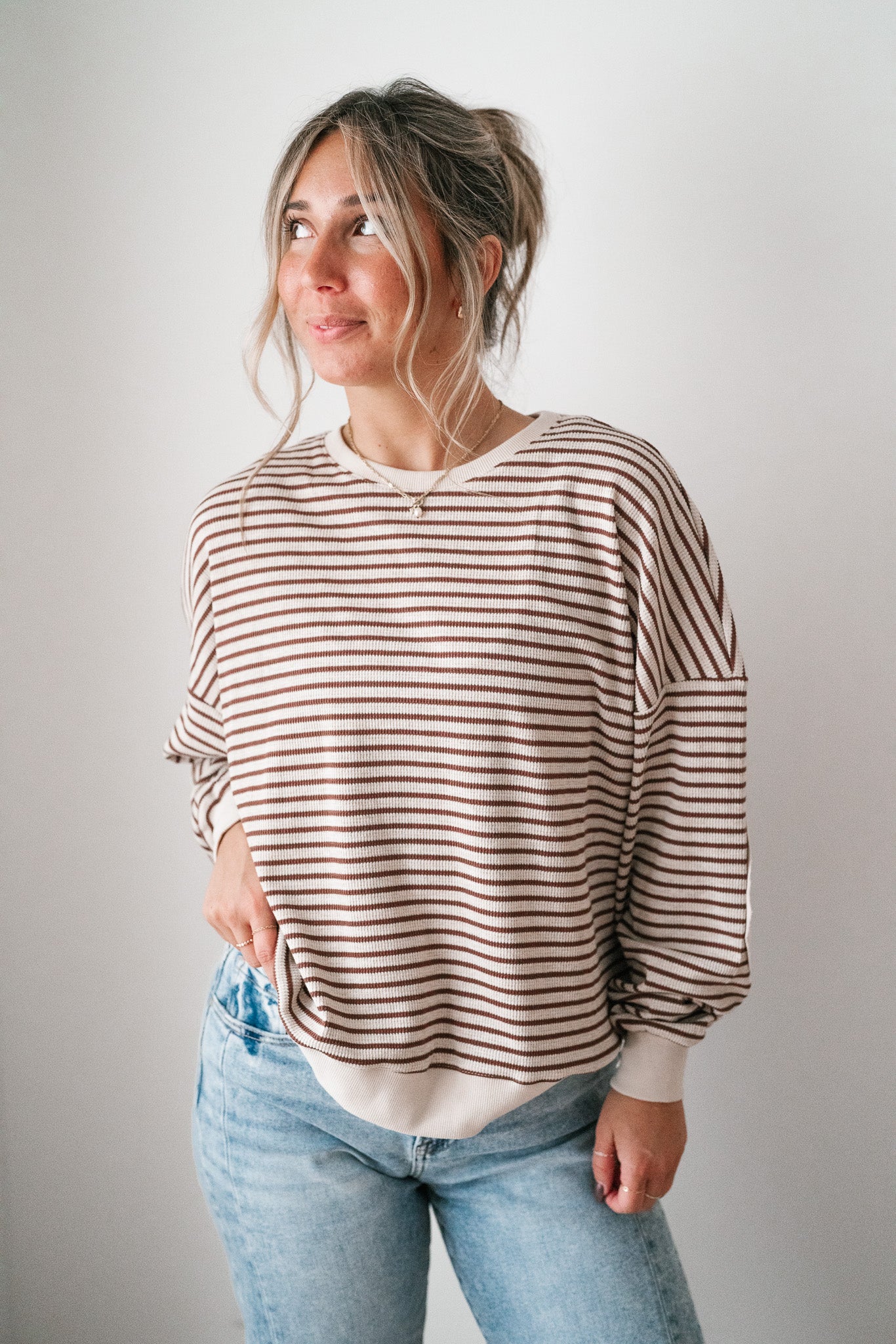 Monday Morning Waffle Knit Striped Long Sleeve Top - Coffee