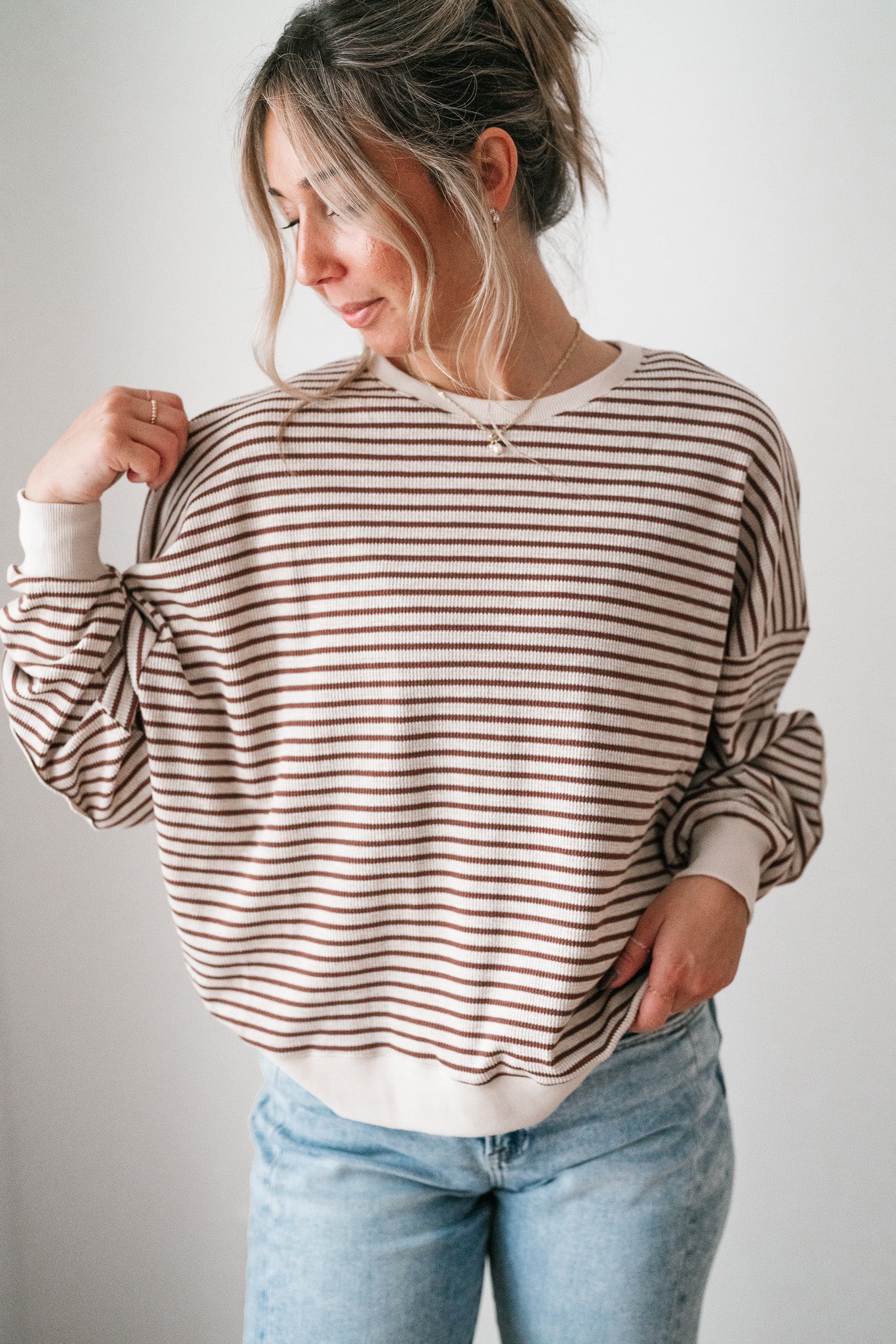 Monday Morning Waffle Knit Striped Long Sleeve Top - Coffee