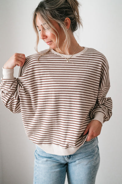 Monday Morning Waffle Knit Striped Long Sleeve Top - Coffee