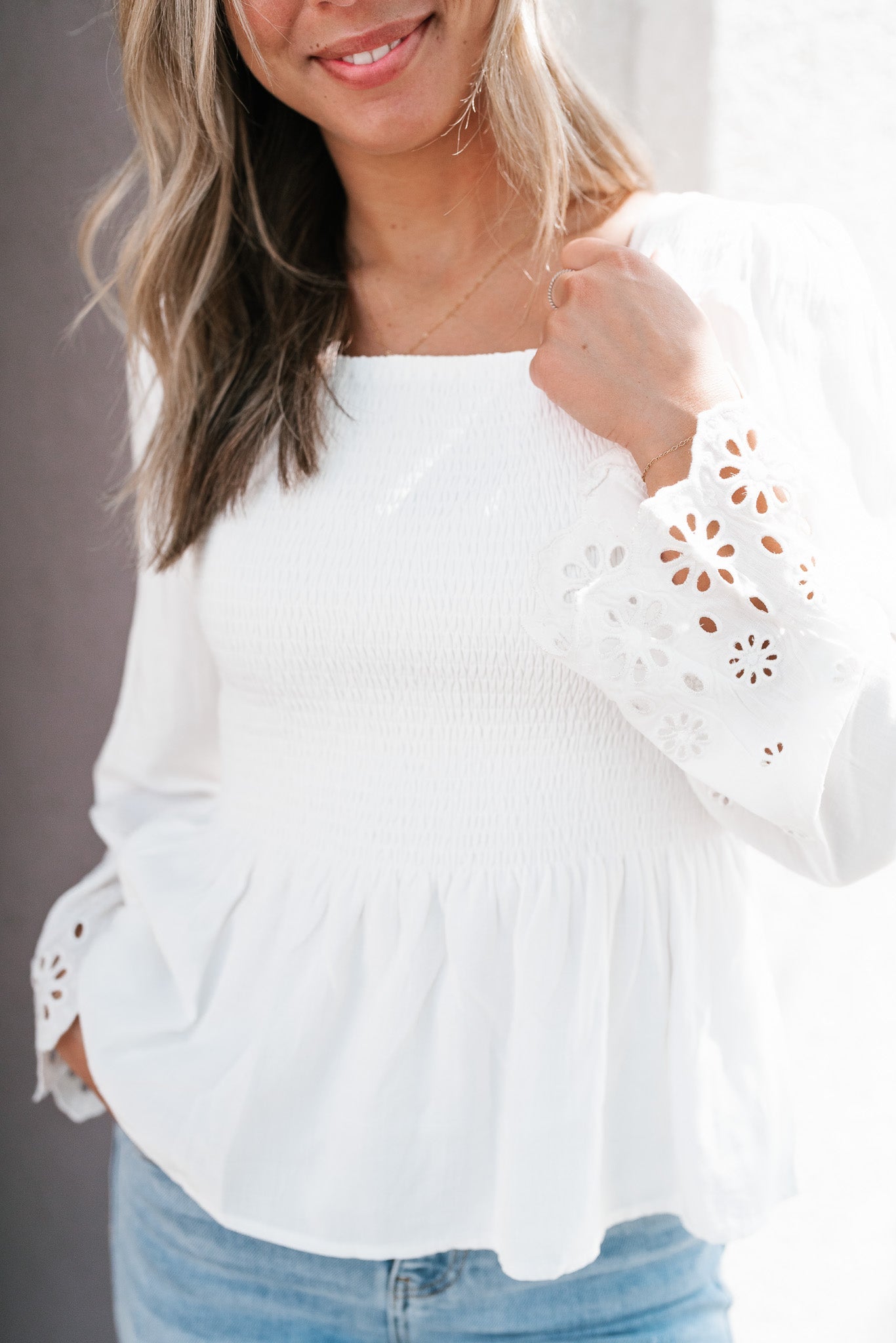 Arwen Eyelet Sleeve Smocked Top