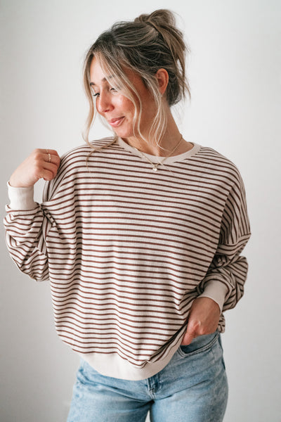 Monday Morning Waffle Knit Striped Long Sleeve Top - Coffee