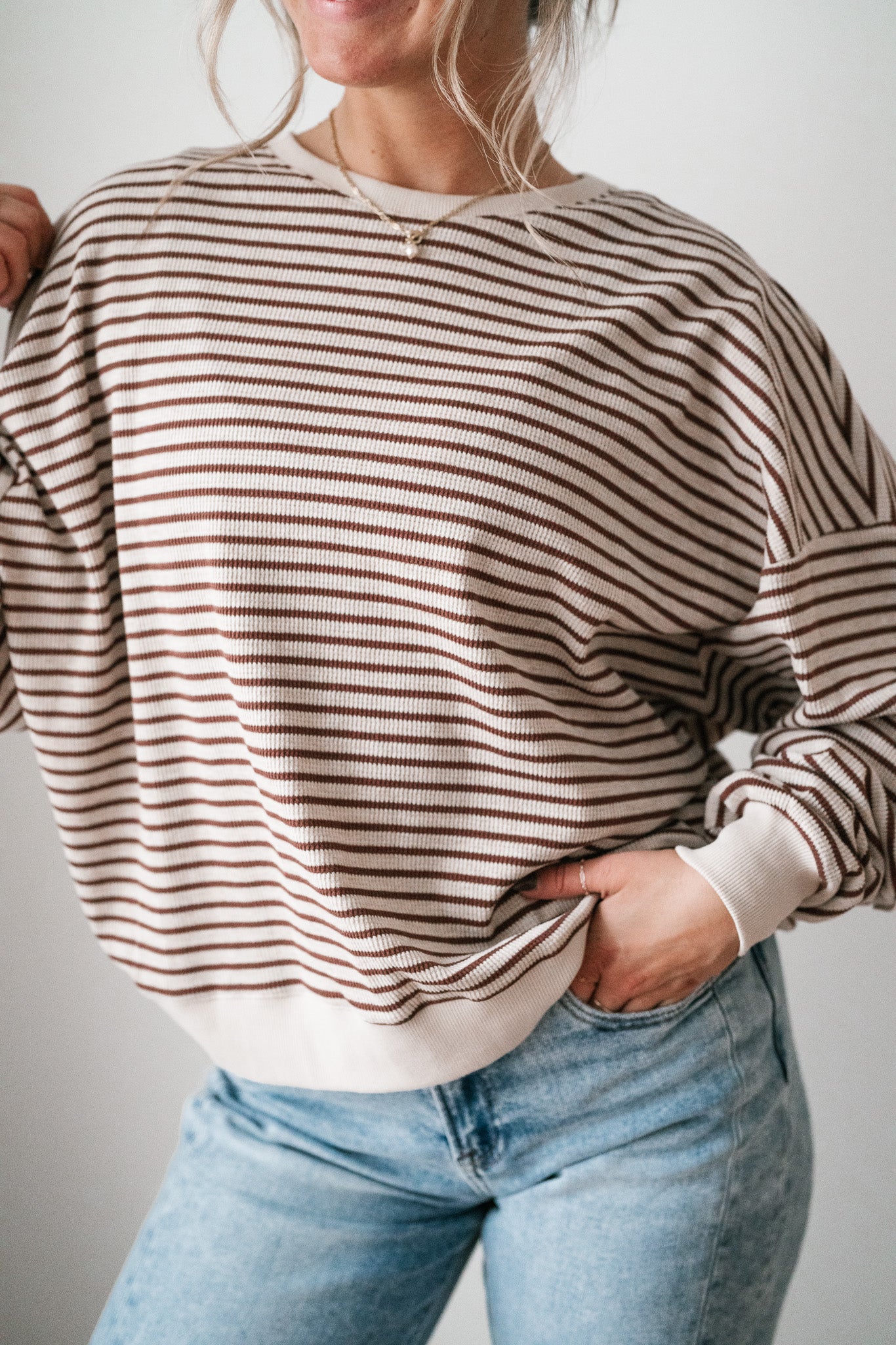 Monday Morning Waffle Knit Striped Long Sleeve Top - Coffee