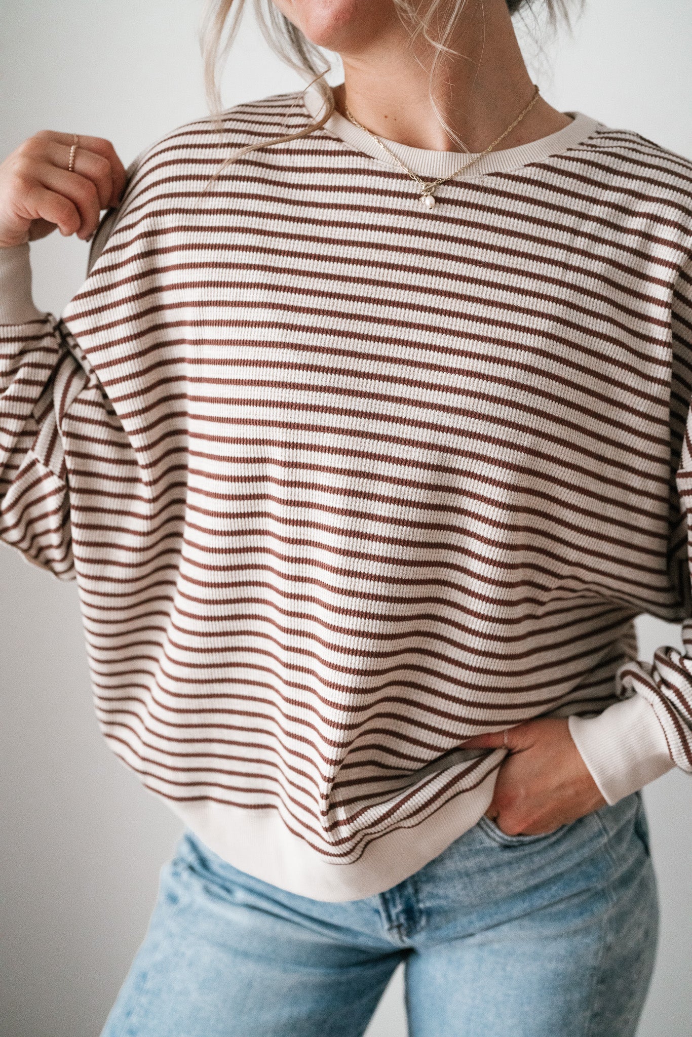 Monday Morning Waffle Knit Striped Long Sleeve Top - Coffee