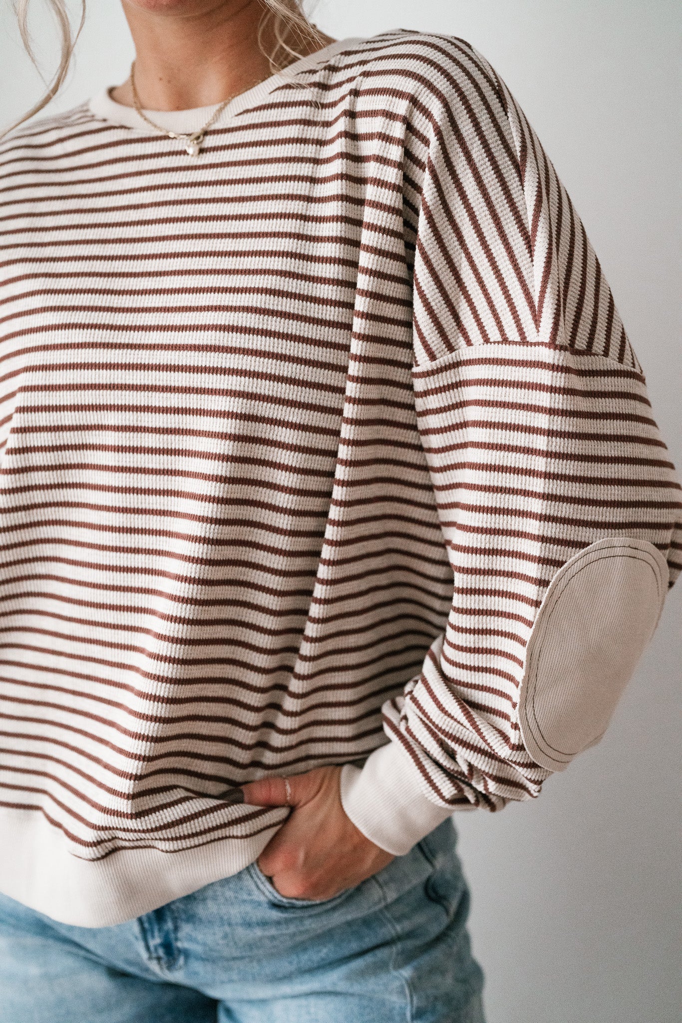 Monday Morning Waffle Knit Striped Long Sleeve Top - Coffee