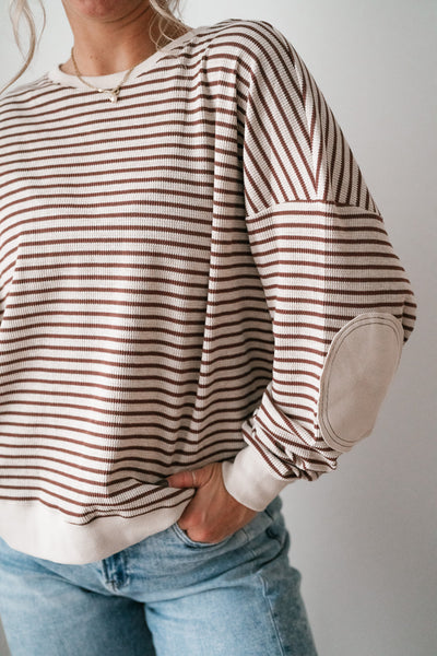 Monday Morning Waffle Knit Striped Long Sleeve Top - Coffee