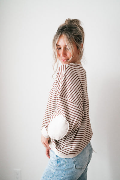 Monday Morning Waffle Knit Striped Long Sleeve Top - Coffee