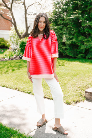 Sweet Ease Oversized Stripe Short Sleeve Top - Pink