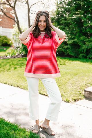 Sweet Ease Oversized Stripe Short Sleeve Top - Pink