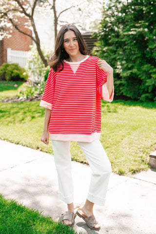 Sweet Ease Oversized Stripe Short Sleeve Top - Pink