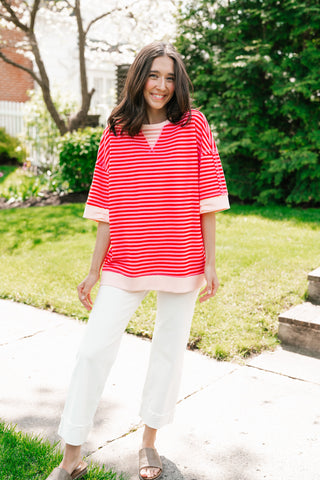 Sweet Ease Oversized Stripe Short Sleeve Top - Pink