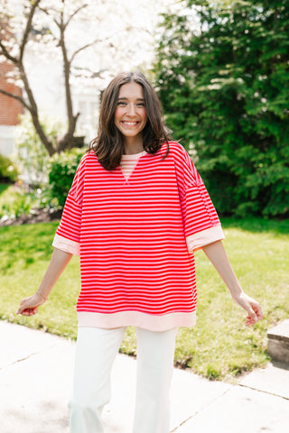 Sweet Ease Oversized Stripe Short Sleeve Top - Pink