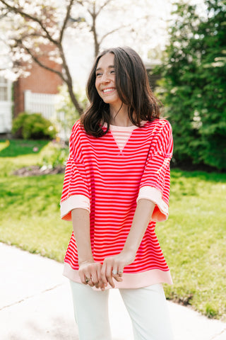 Sweet Ease Oversized Stripe Short Sleeve Top - Pink