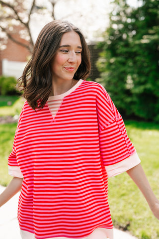 Sweet Ease Oversized Stripe Short Sleeve Top - Pink