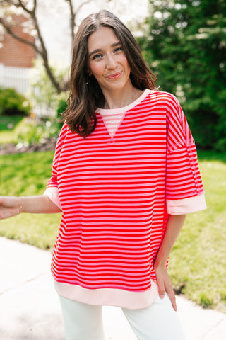 Sweet Ease Oversized Stripe Short Sleeve Top - Pink