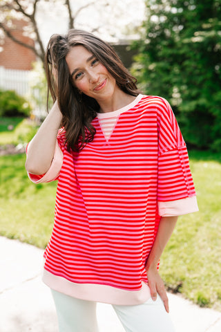 Sweet Ease Oversized Stripe Short Sleeve Top - Pink