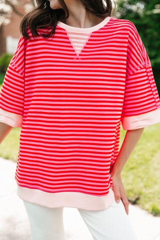 Sweet Ease Oversized Stripe Short Sleeve Top - Pink