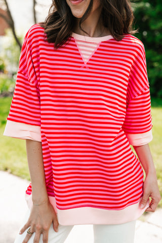 Sweet Ease Oversized Stripe Short Sleeve Top - Pink