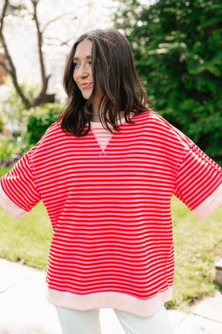 Sweet Ease Oversized Stripe Short Sleeve Top - Pink