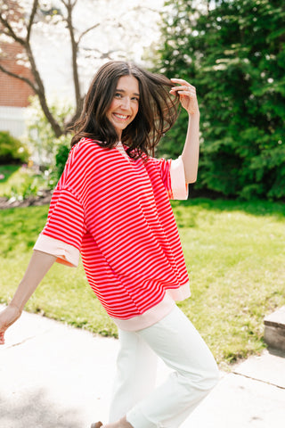 Sweet Ease Oversized Stripe Short Sleeve Top - Pink