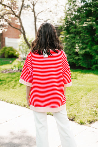 Sweet Ease Oversized Stripe Short Sleeve Top - Pink
