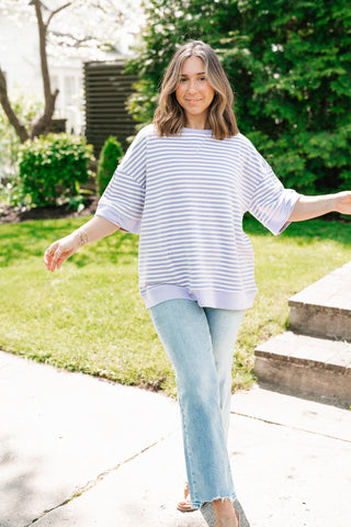 Sweet Ease Oversized Stripe Short Sleeve Top - Lavender