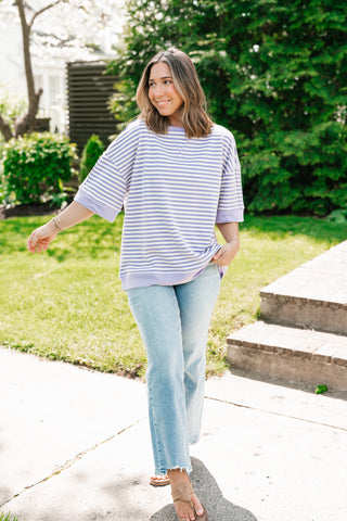 Sweet Ease Oversized Stripe Short Sleeve Top - Lavender