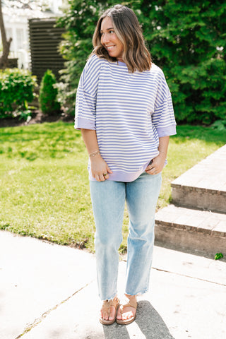 Sweet Ease Oversized Stripe Short Sleeve Top - Lavender