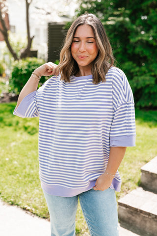 Sweet Ease Oversized Stripe Short Sleeve Top - Lavender