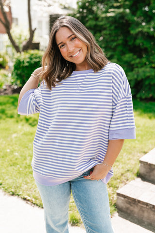 Sweet Ease Oversized Stripe Short Sleeve Top - Lavender