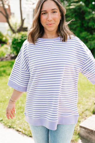 Sweet Ease Oversized Stripe Short Sleeve Top - Lavender