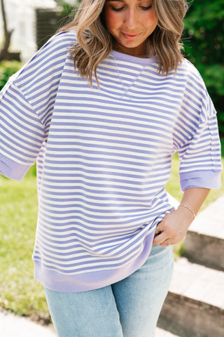 Sweet Ease Oversized Stripe Short Sleeve Top - Lavender