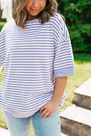 Sweet Ease Oversized Stripe Short Sleeve Top - Lavender