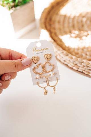 3 Gold Heart Earring Set