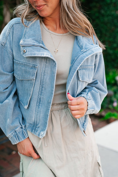 Iris Cropped Bomber Denim Jacket