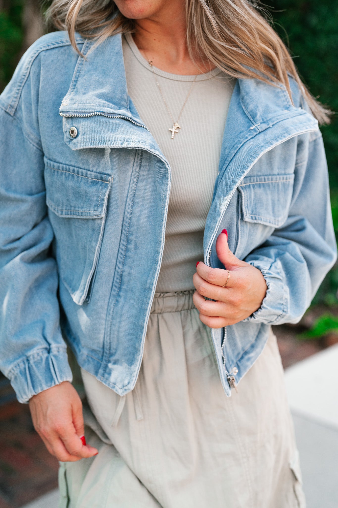 Iris Cropped Bomber Denim Jacket