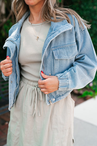 Iris Cropped Bomber Denim Jacket