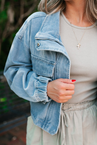 Iris Cropped Bomber Denim Jacket