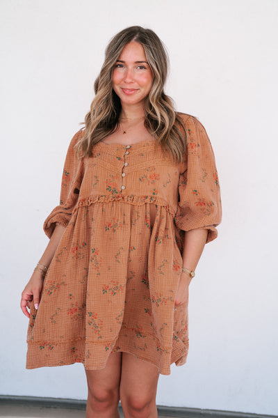 Country Side Floral Gauze Dress - Terracotta