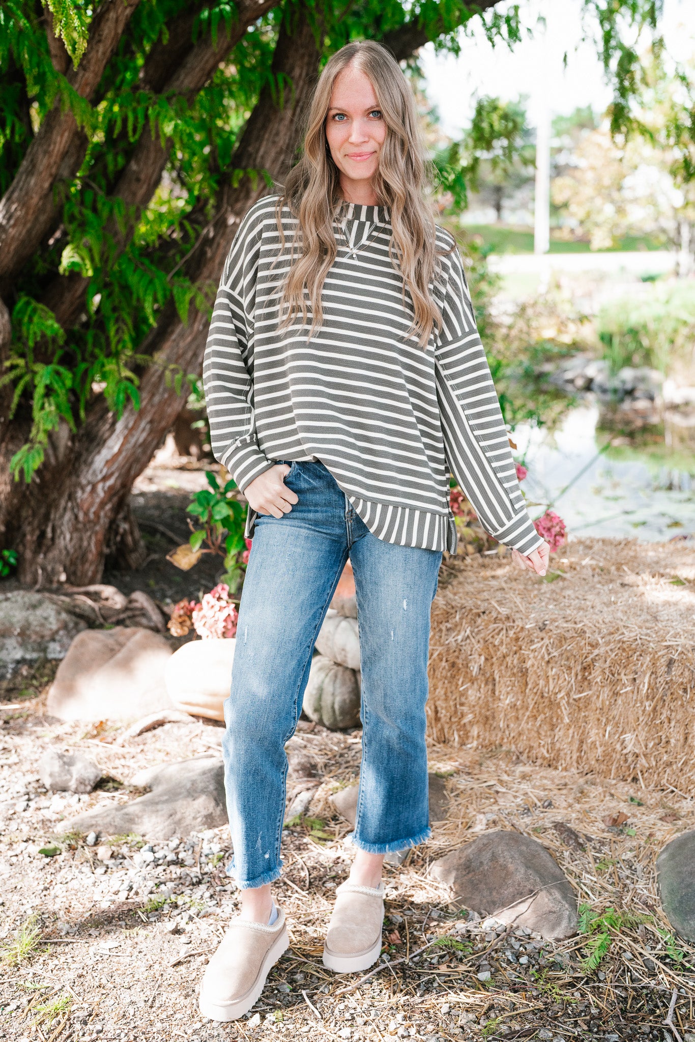 To The Point Striped Long Sleeve Top - Olive