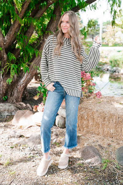 To The Point Striped Long Sleeve Top - Olive