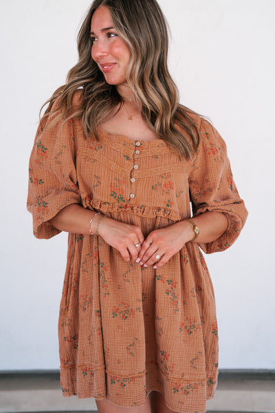 Country Side Floral Gauze Dress - Terracotta