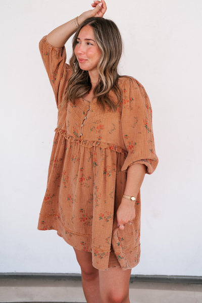 Country Side Floral Gauze Dress - Terracotta