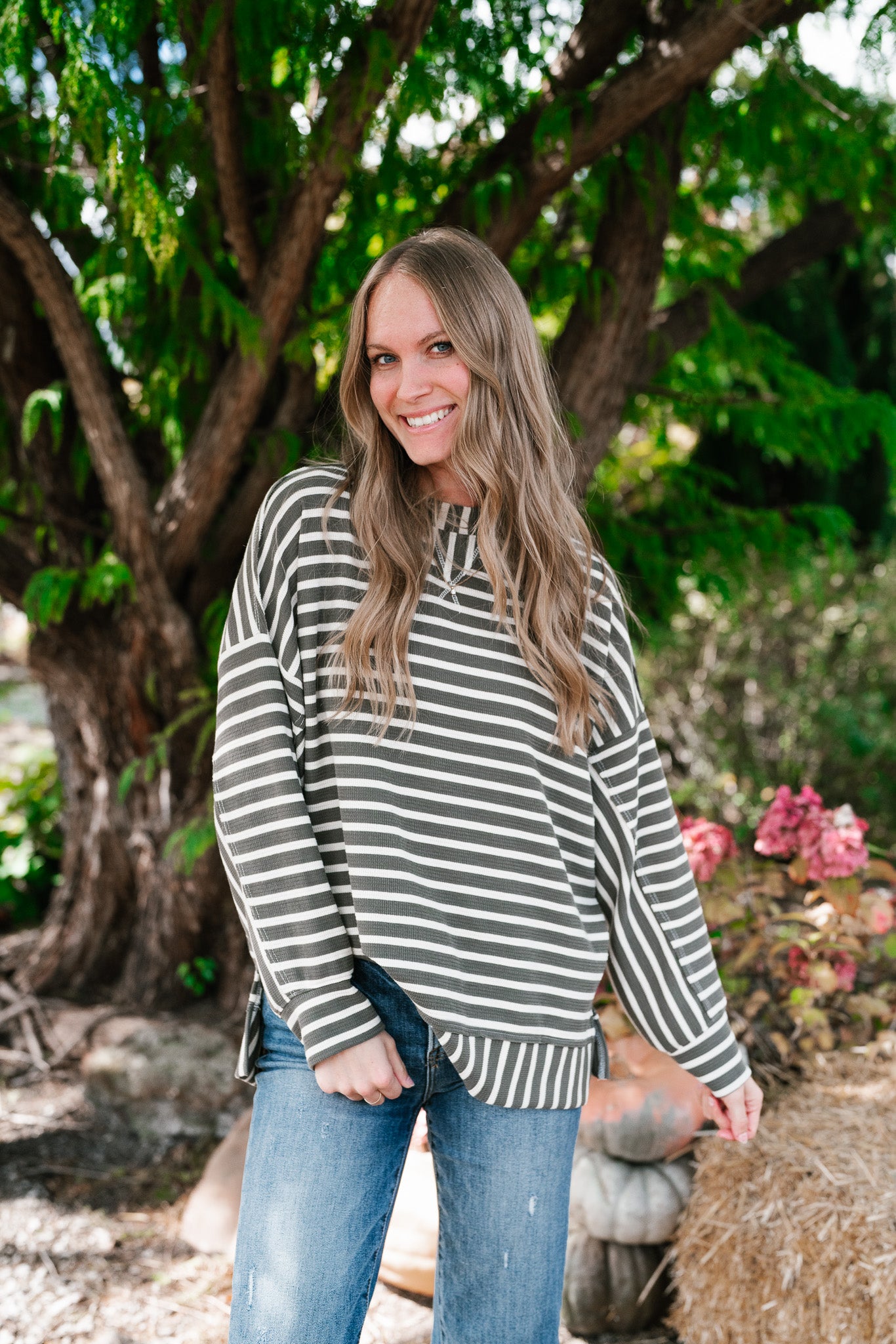 To The Point Striped Long Sleeve Top - Olive