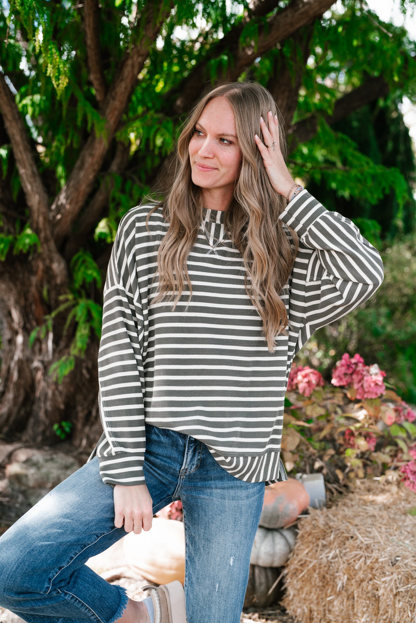 To The Point Striped Long Sleeve Top - Olive