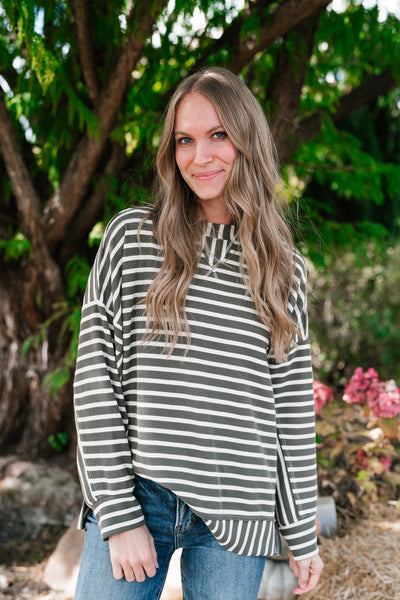 To The Point Striped Long Sleeve Top - Olive