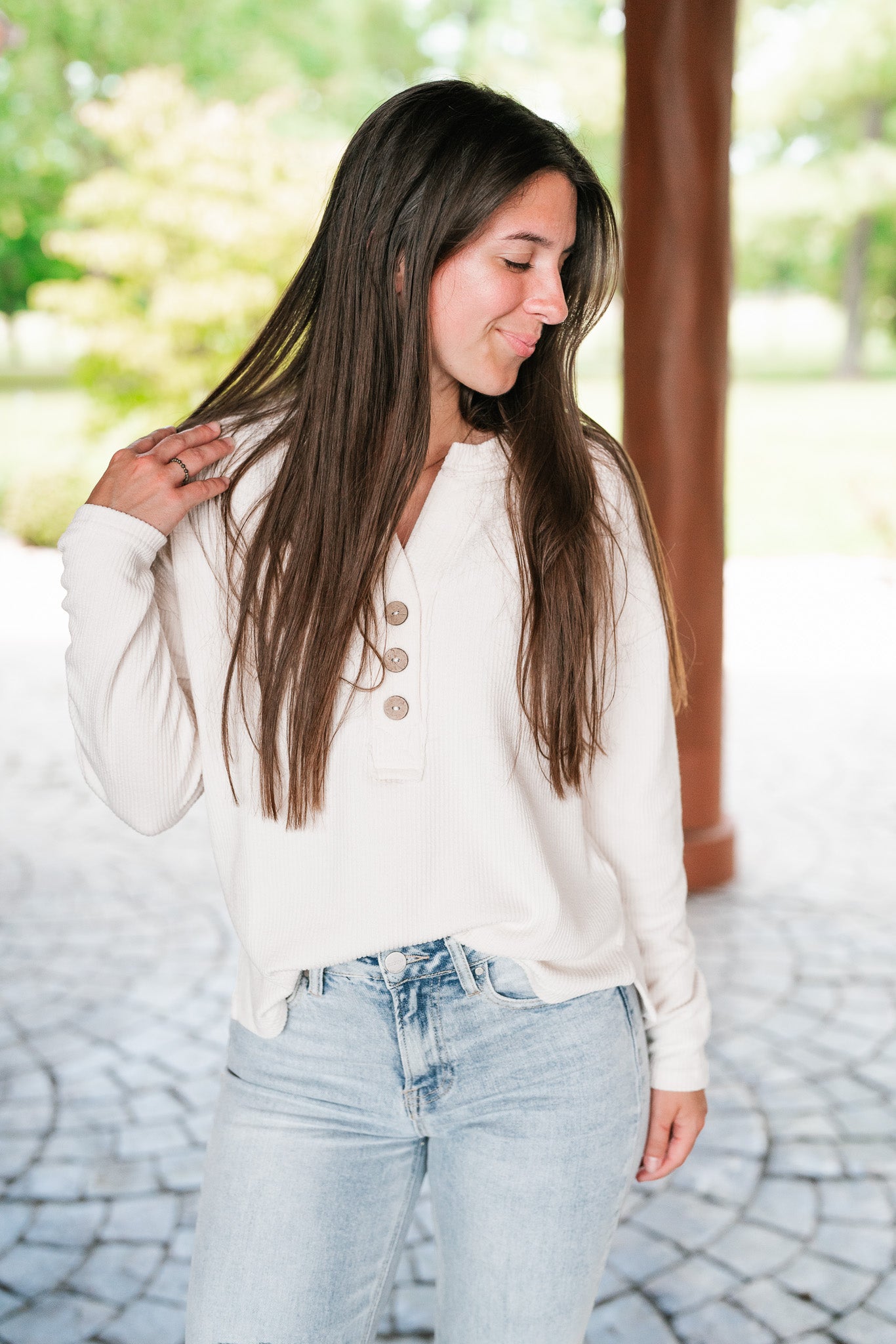 On The Go Triple Button Long Sleeve Top - Cream